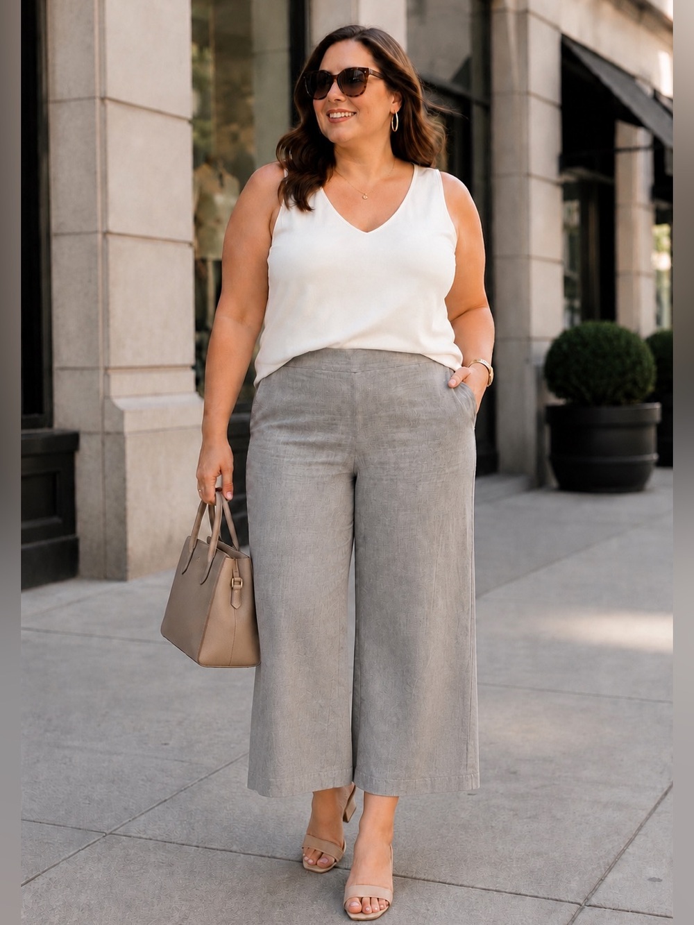 Chico's Women's Light Brown Wide-Leg Linen-Blend Pullon Ankle Pants 16